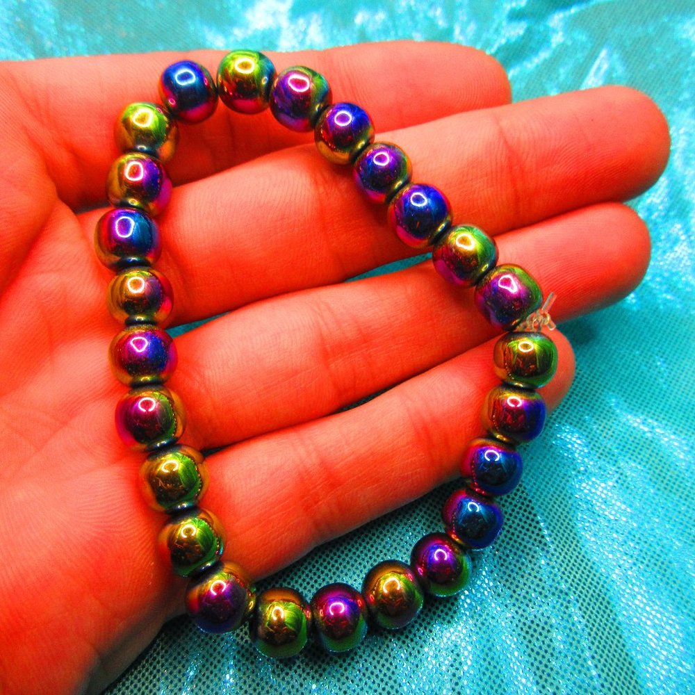 Rainbow Titanium Hematite 8mm Round 7" Stretchy Gemstone Bracelet - Picture 1 of 3